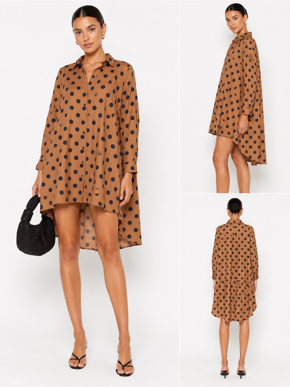 Lennard Taylor Polka Dot High-Low Button-Down Tunic Top - Brown/Black